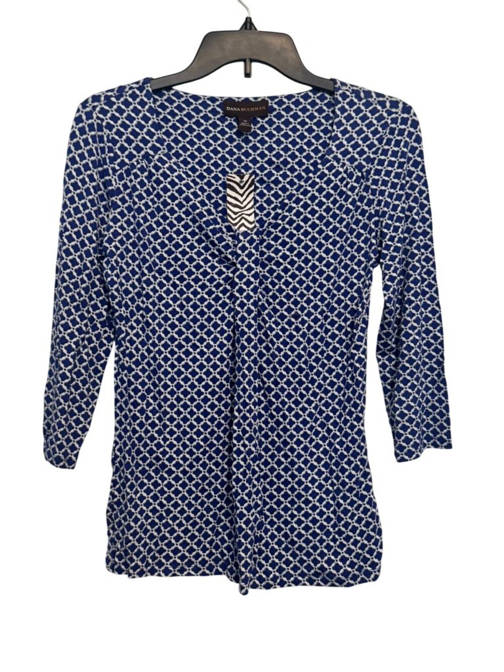 Dana Buchman XS Blue & White Geometric Print Top 3/4 Sleeve